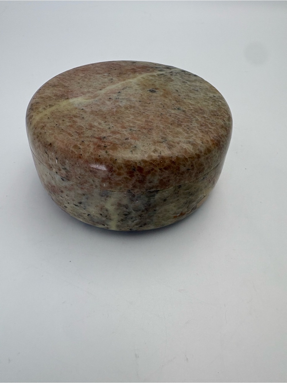 Vintage Round Polished Stone Trinket Box - Multitone Brown & Cream